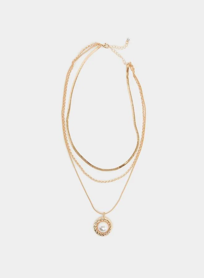 Gold Layered Necklace with Pearl Pendant